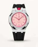 Black textile-effect strap for AP x Swatch Royal Pop Otto Rosso, silver case (crown at 12 o'clock)