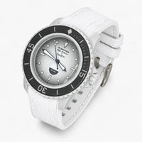 White premium rubber strap with white stitching on Blancpain x Swatch Fifty Fathoms Antarctic Ocean