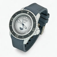 Grey premium rubber strap with grey stitching on Blancpain x Swatch Fifty Fathoms Antarctic Ocean