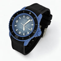 Black premium rubber strap with black stitching on Blancpain x Swatch Fifty Fathoms Atlantic Ocean