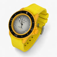Yellow premium rubber strap with yellow stitching on Blancpain x Swatch Fifty Fathoms Pacific Ocean