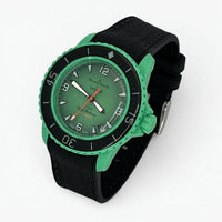 Black premium rubber strap with black stitching on Blancpain x Swatch Fifty Fathoms Indian Ocean
