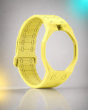 Yellow silicone link strap and case for the Royal Pop, shown on its own