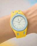 Two-tone strap for the AP x Swatch Royal Pop Blaue Acht worn on the wrist | WatchCollab