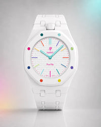 White link strap and case on an AP x Swatch Royal Pop Huit Blanc, front view