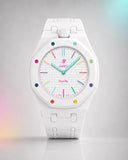 White link strap and case on an AP x Swatch Royal Pop Huit Blanc, front view