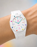 White link strap for the AP x Swatch Royal Pop Huit Blanc worn on the wrist | WatchCollab