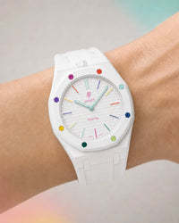 Two-tone rubber strap for Audemars Piguet x Swatch Royal Pop Huit Blanc, worn on the wrist