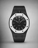 Black link strap and case on an AP x Swatch Royal Pop Ocho Negro, front view