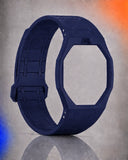 Deep blue link strap and case for the AP x Swatch Royal Pop Orenji Hachi, crown at 12 cut-out, shown on its own