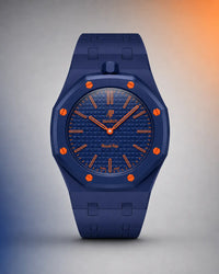 Deep blue link strap and case for the AP x Swatch Royal Pop Orenji Hachi, front view | WatchCollab