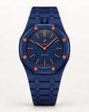 Deep blue link strap and case for the AP x Swatch Royal Pop Orenji Hachi, front view | WatchCollab