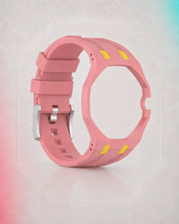 Two-tone strap and case for the AP x Swatch Royal Pop Otg Roz, crown at 3 opening | WatchCollab