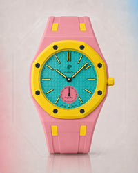 Two-tone strap and case for the AP x Swatch Royal Pop Otg Roz, front view | WatchCollab