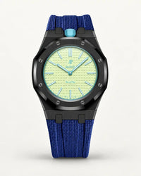 Dark blue textile-effect strap for AP x Swatch Royal Pop Blaue Acht, black case (crown at 12 o'clock)