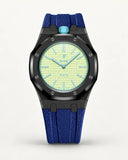 Dark blue textile-effect strap for AP x Swatch Royal Pop Blaue Acht, black case (crown at 12 o'clock)