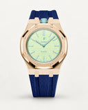 Dark blue textile-effect strap for AP x Swatch Royal Pop Blaue Acht, rose gold case (crown at 12 o'clock)