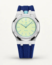 Dark blue textile-effect strap for AP x Swatch Royal Pop Blaue Acht, silver case (crown at 12 o'clock)