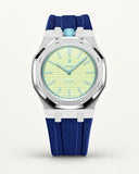Dark blue textile-effect strap for AP x Swatch Royal Pop Blaue Acht, silver case (crown at 12 o'clock)