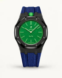 Dark blue textile-effect strap for AP x Swatch Royal Pop Green Eight, black case (crown at 12 o'clock)