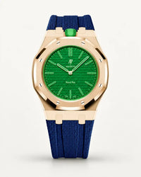 Dark blue textile-effect strap for AP x Swatch Royal Pop Green Eight, rose gold case (crown at 12 o'clock)
