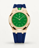 Dark blue textile-effect strap for AP x Swatch Royal Pop Green Eight, rose gold case (crown at 12 o'clock)