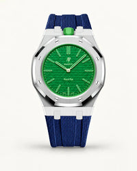 Dark blue textile-effect strap for AP x Swatch Royal Pop Green Eight, silver case (crown at 12 o'clock)