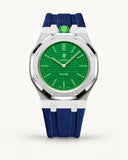 Dark blue textile-effect strap for AP x Swatch Royal Pop Green Eight, silver case (crown at 12 o'clock)