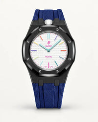 Cinturino effetto tessuto blu scuro per AP x Swatch Royal Pop Huit Blanc, cassa nera (corona a ore 12)
