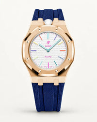 Cinturino effetto tessuto blu scuro per AP x Swatch Royal Pop Huit Blanc, cassa oro rosa (corona a ore 12)