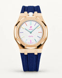 Cinturino effetto tessuto blu scuro per AP x Swatch Royal Pop Huit Blanc, cassa oro rosa (corona a ore 12)