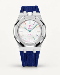 Cinturino effetto tessuto blu scuro per AP x Swatch Royal Pop Huit Blanc, cassa argento (corona a ore 12)