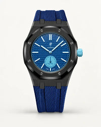 Dark blue textile-effect strap for AP x Swatch Royal Pop Làn Ba, black case (crown at 3 o'clock)