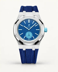 Dark blue textile-effect strap for AP x Swatch Royal Pop Làn Ba, silver case (crown at 3 o'clock)