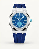 Dark blue textile-effect strap for AP x Swatch Royal Pop Làn Ba, silver case (crown at 3 o'clock)