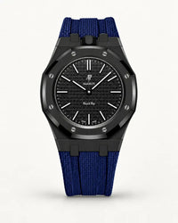 Dark blue textile-effect strap for AP x Swatch Royal Pop Ocho Negro, black case (crown at 12 o'clock)