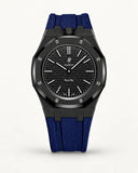 Dark blue textile-effect strap for AP x Swatch Royal Pop Ocho Negro, black case (crown at 12 o'clock)