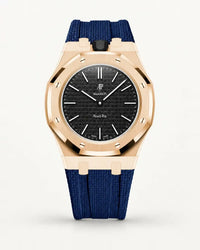 Dark blue textile-effect strap for AP x Swatch Royal Pop Ocho Negro, rose gold case (crown at 12 o'clock)