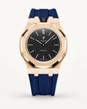 Dark blue textile-effect strap for AP x Swatch Royal Pop Ocho Negro, rose gold case (crown at 12 o'clock)