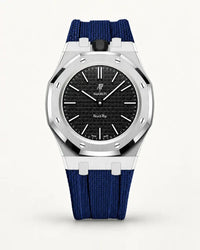 Dark blue textile-effect strap for AP x Swatch Royal Pop Ocho Negro, silver case (crown at 12 o'clock)