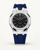 Dark blue textile-effect strap for AP x Swatch Royal Pop Ocho Negro, silver case (crown at 12 o'clock)