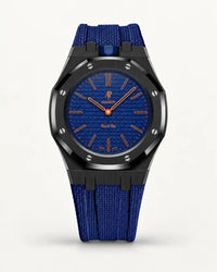 Cinturino effetto tessuto blu scuro per AP x Swatch Royal Pop Orenji Hachi, cassa nera (corona a ore 12)