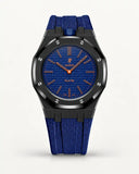 Cinturino effetto tessuto blu scuro per AP x Swatch Royal Pop Orenji Hachi, cassa nera (corona a ore 12)