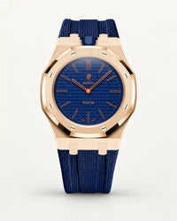 Cinturino effetto tessuto blu scuro per AP x Swatch Royal Pop Orenji Hachi, cassa oro rosa (corona a ore 12)