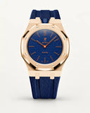 Cinturino effetto tessuto blu scuro per AP x Swatch Royal Pop Orenji Hachi, cassa oro rosa (corona a ore 12)