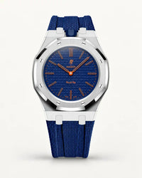 Cinturino effetto tessuto blu scuro per AP x Swatch Royal Pop Orenji Hachi, cassa argento (corona a ore 12)