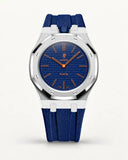 Cinturino effetto tessuto blu scuro per AP x Swatch Royal Pop Orenji Hachi, cassa argento (corona a ore 12)