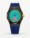 Dark blue textile-effect strap for AP x Swatch Royal Pop Otg Roz, black case (crown at 3 o'clock)