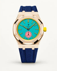 Dark blue textile-effect strap for AP x Swatch Royal Pop Otg Roz, rose gold case (crown at 3 o'clock)