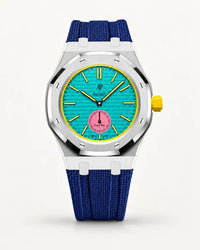 Dark blue textile-effect strap for AP x Swatch Royal Pop Otg Roz, silver case (crown at 3 o'clock)